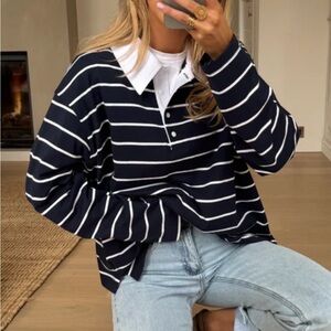 Navy Striped Collared Women Top